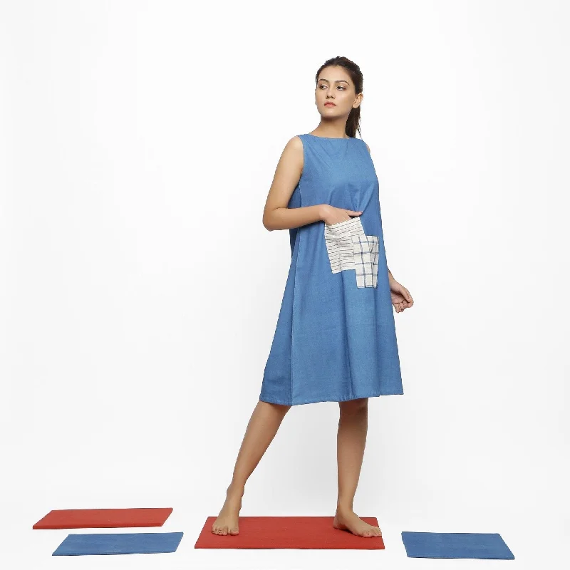 Low Prices Powder Blue Blue Handspun Cotton A-Line Knee-Length Dress