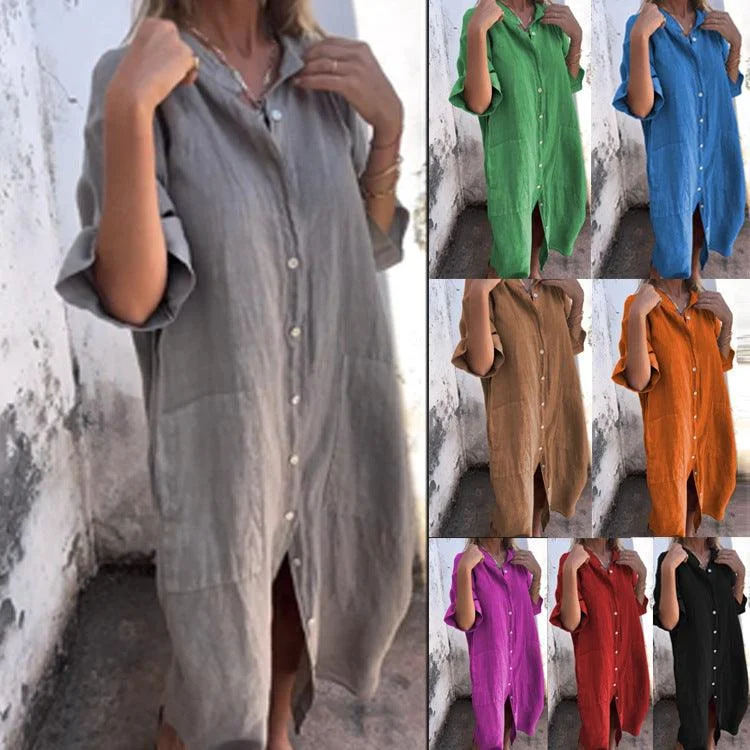 Year-End Clearance Loose Casual Half Sleeve Cotton Linen Shirt Dress Women