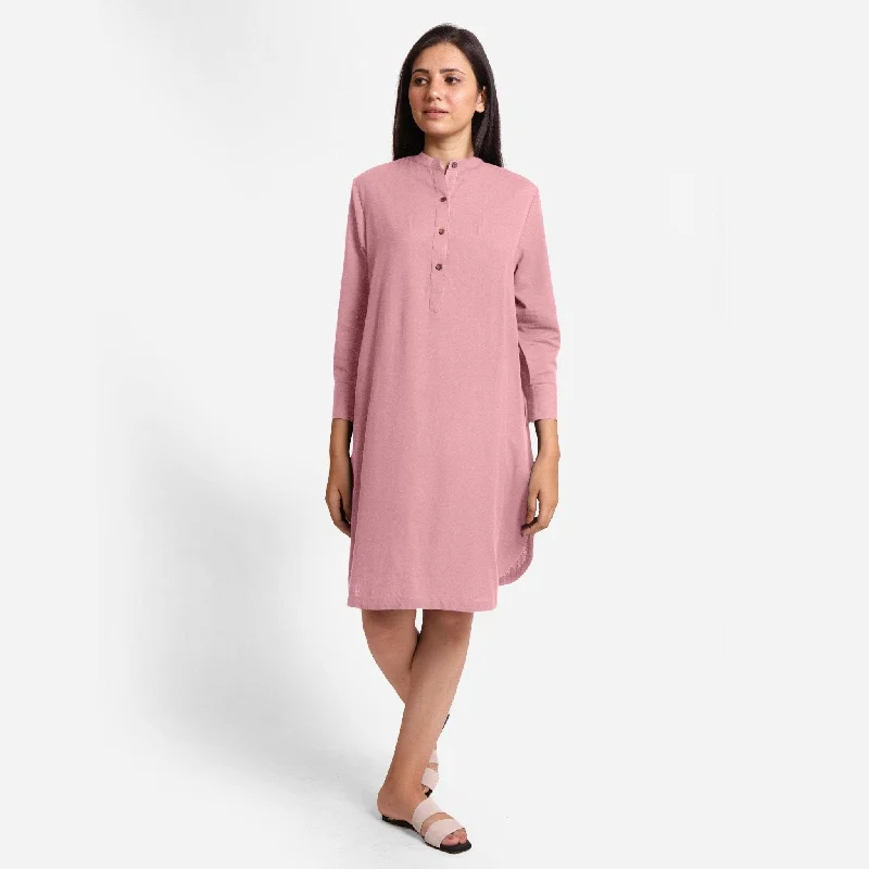 Final Clearance Pink Cotton Flax Mandarin Collar Knee Length Shirt Dress