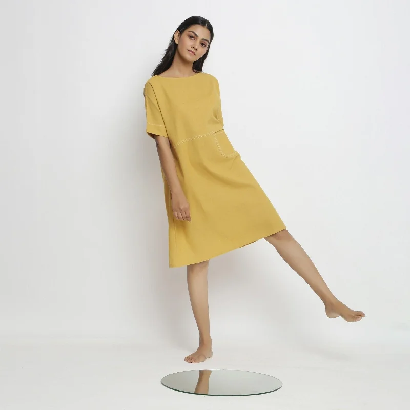 Price Drop Light Yellow Handspun Cotton Knee Length Yoked Dress