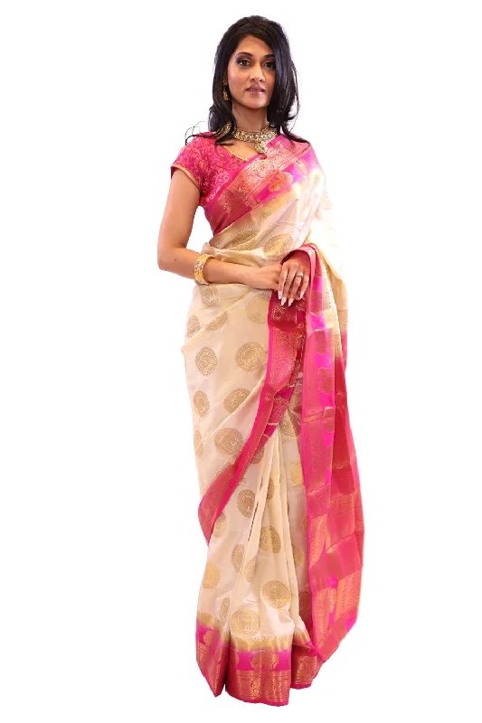 Flash Sale Pearl White and Pink Silk Sari-SS05