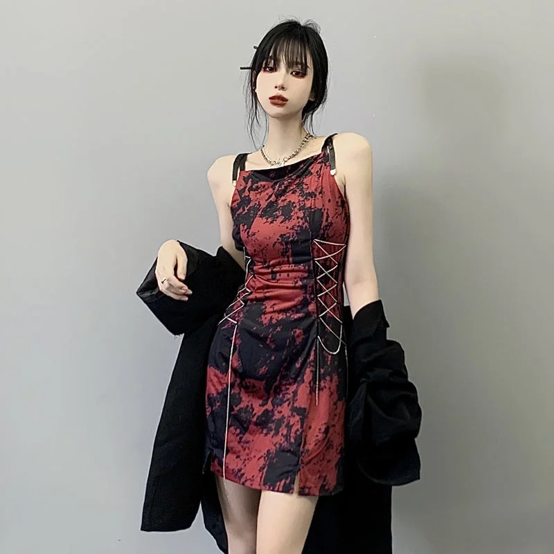 Special Discount Black Red Tie Dye Strap Dress