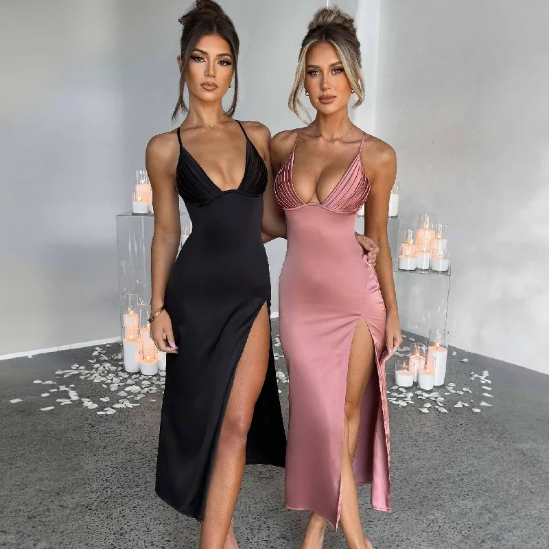 Instant Discount Spaghetti Strap Dress With Split Design Deep V-neck Sleeveless Backless Bodycon Party Dresses For Womens Clothing Instant Discount Spaghetti Strap Dress With Split Design Deep V-neck Sleeveless Backless Bodycon Party Dresses For Womens Clothing