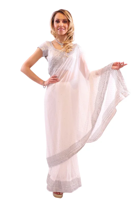 Weekend Deal Dazzling White with Silver Embroidered Pre-Pleated Ready-Made Sari