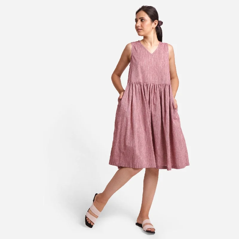 New Markdowns Maroon Yarn Dyed Cotton V-Neck Yoked Knee Length Dress