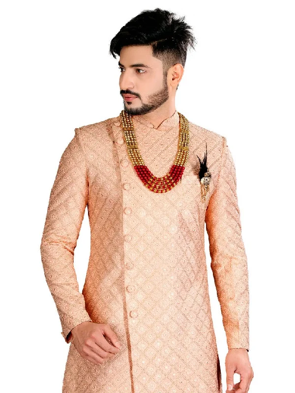 Buy Now King Look Peach Luckhnowi Traditional Indian Wedding Indo-Western Sherwani for Men - RK1194 Buy Now King Look Peach Luckhnowi Traditional Indian Wedding Indo-Western Sherwani for Men - RK1194