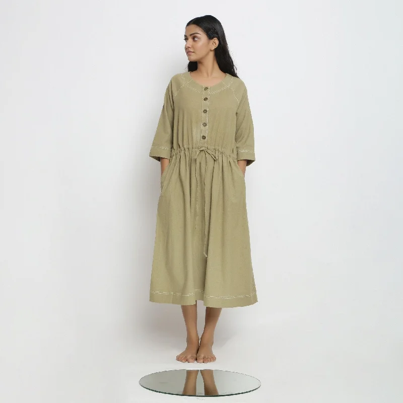 Year-End Sale Khakhi Green Handspun Cotton Round Neck Button-Down Midi Dress