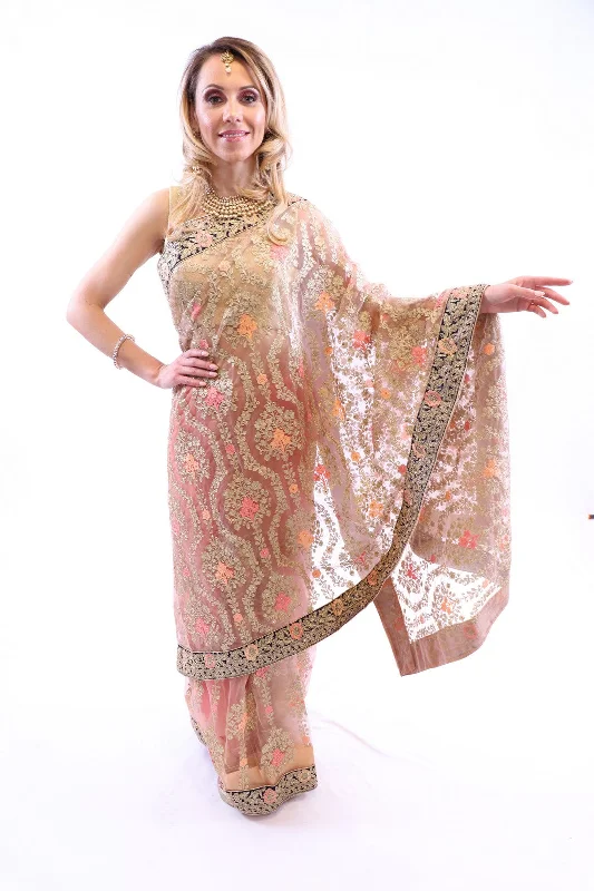 Today Only Ombre Peachy Gold Embroidered Pre-Pleated Ready-Made Sari