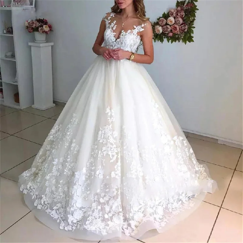 Best Deals Women's Sleeveless V-Back Lace Appliques Wedding Dress
