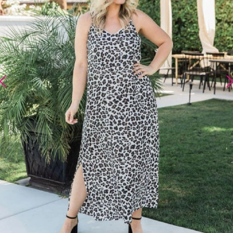 Instant Discount Printed Leopard Strap Long Slit Dress