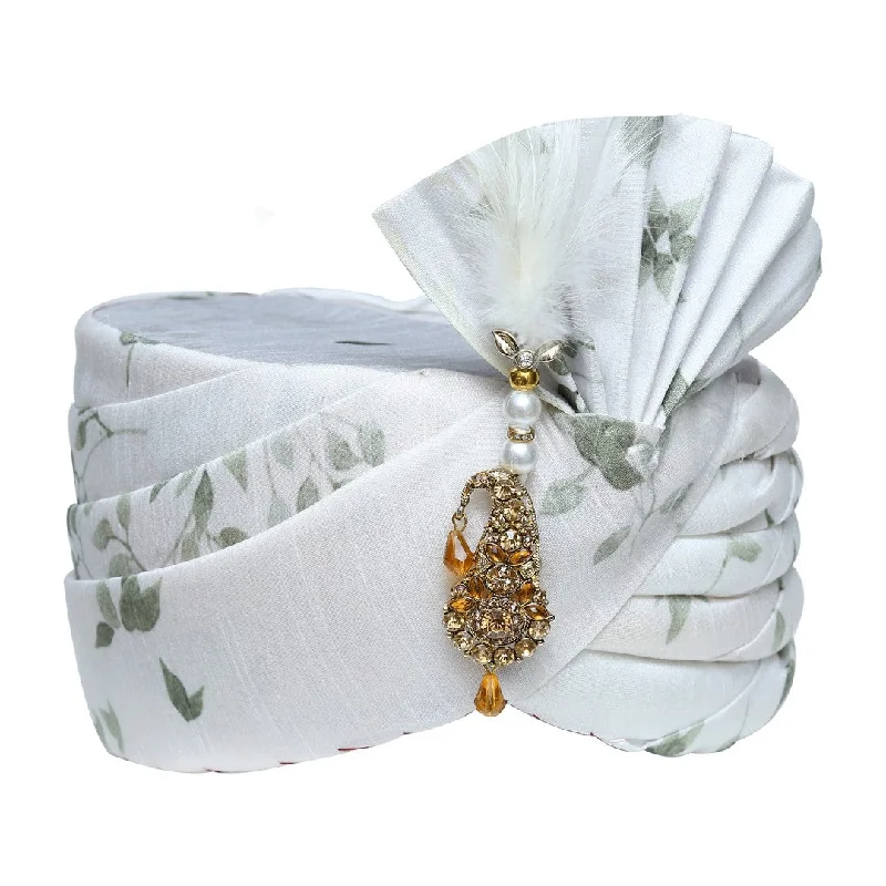 Weekend Flash Sale White Floral Print Wedding Safa Turban Pagdi -SNTBL0023