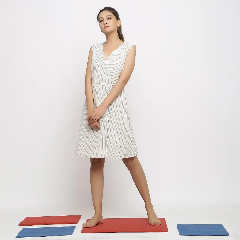 Crazy Deals Ecru Striped Handspun Cotton Knee-Length Wrap Dress