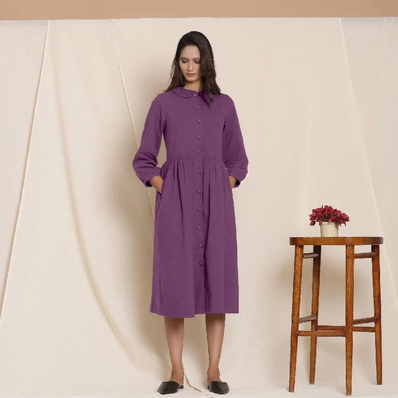 Last Chance Grape Wine Warm Cotton Flannel Peter Pan Midi Dress