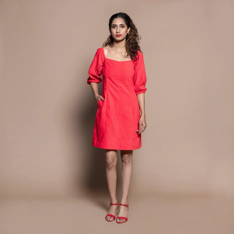 Big Discounts Red Cotton Velvet Sweetheart Neck Short Paneled Dress