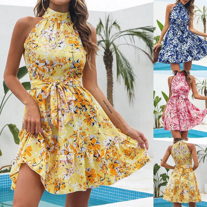 Today's Special Women's Floral Halterneck Lace-Up Ruffled Dress - Summer Fashion