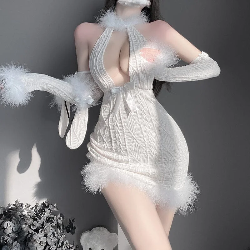 Best Bargains White Christmas Furry Slim Dress SD02118