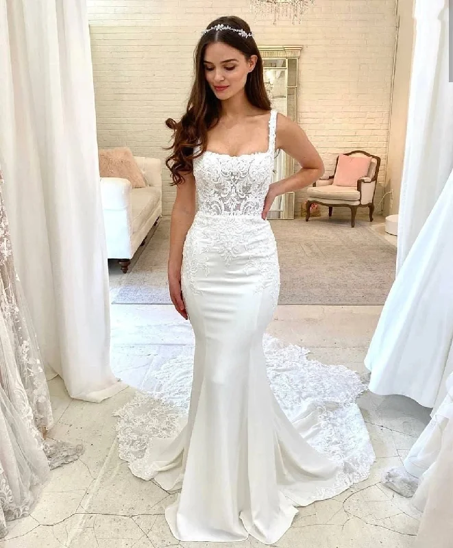 Must-Have Deals Women's Square Collar Lace Appliques Satin Wedding Dress