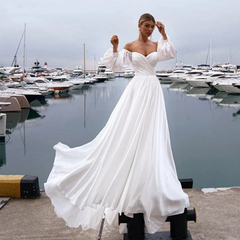 New Deals Women's Off Shoulder Beach Wedding Dresses With Long Sleeves