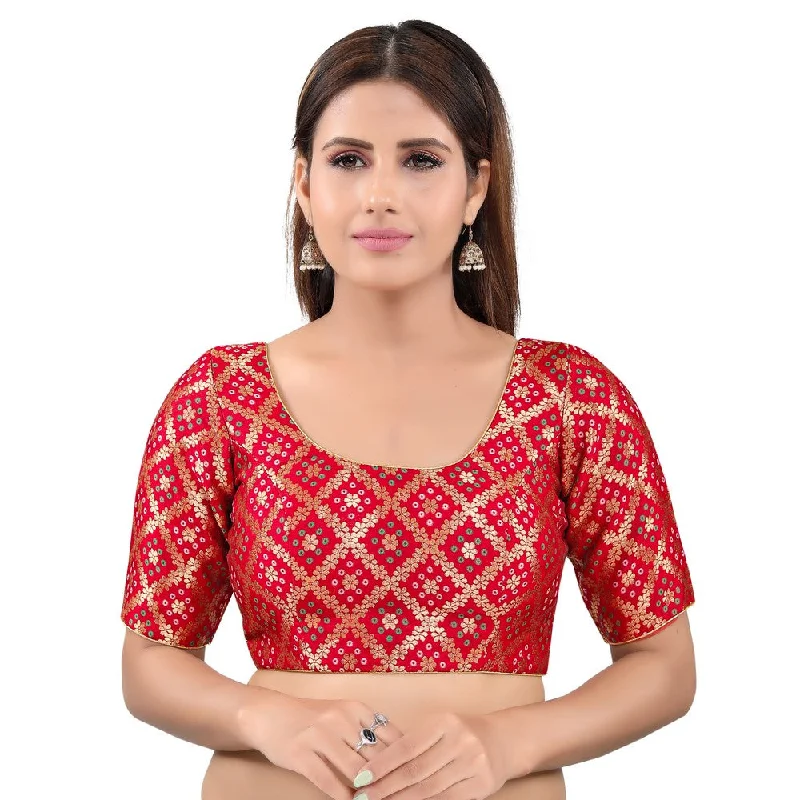 Price Cut Gorgeous Red Designer Indian Traditional Bandhani Round-Neck Elbow length Saree Blouse Choli (X-977ELB-Red)
