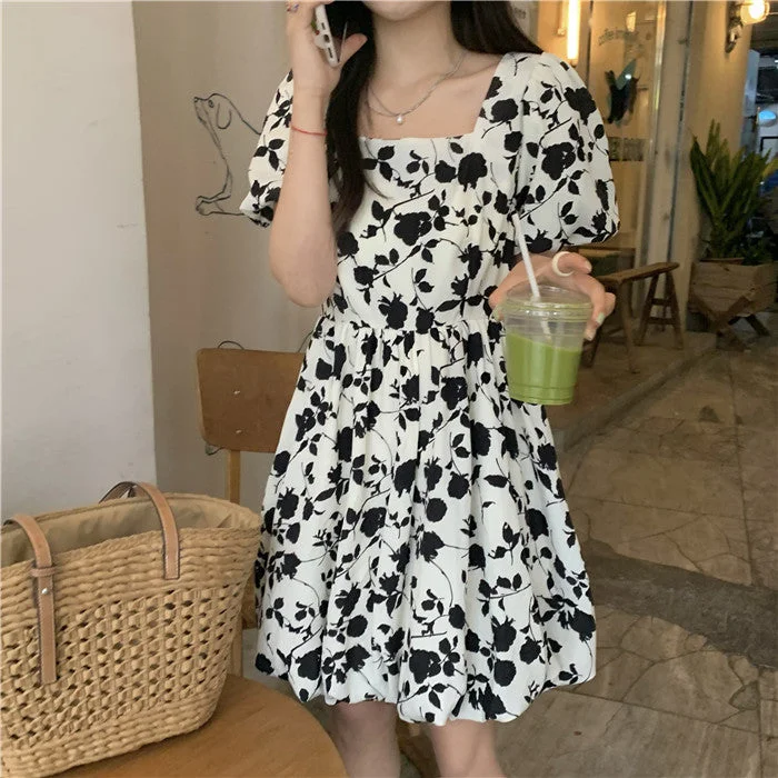 Exclusive Online Offer Black Floral Puff Sleeve Dress SD01954