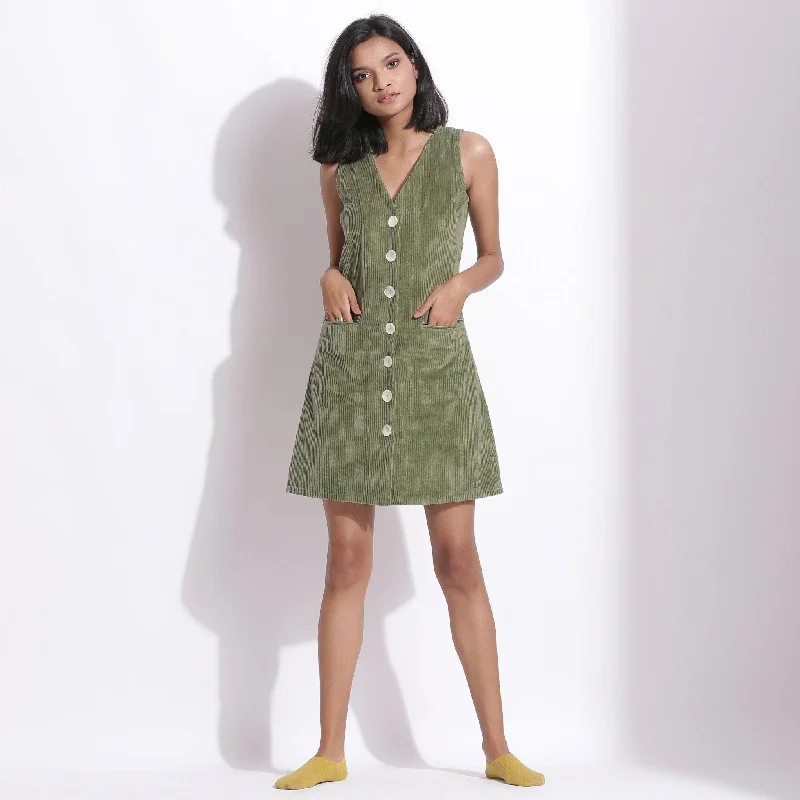 Price Cut Green Warm Cotton Corduroy Sleeveless Short Dress
