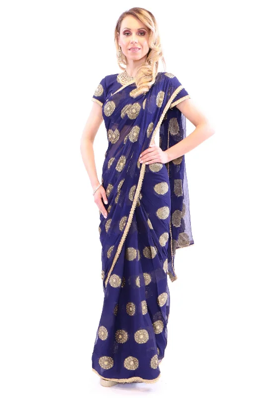 Special Discount Enchanting Navy Blue with Gold Print Pre-Pleated Ready-Made Sari-SNT10013