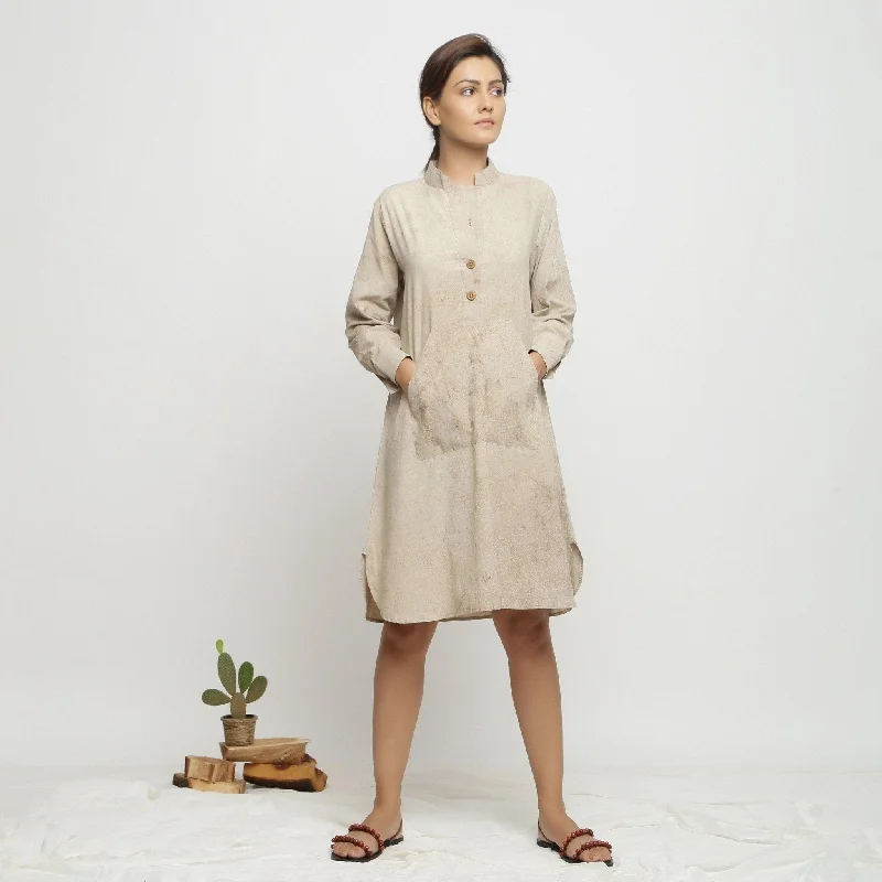 Today's Special Beige Dabu Hand-Lep Cotton Knee Length Shirt Dress