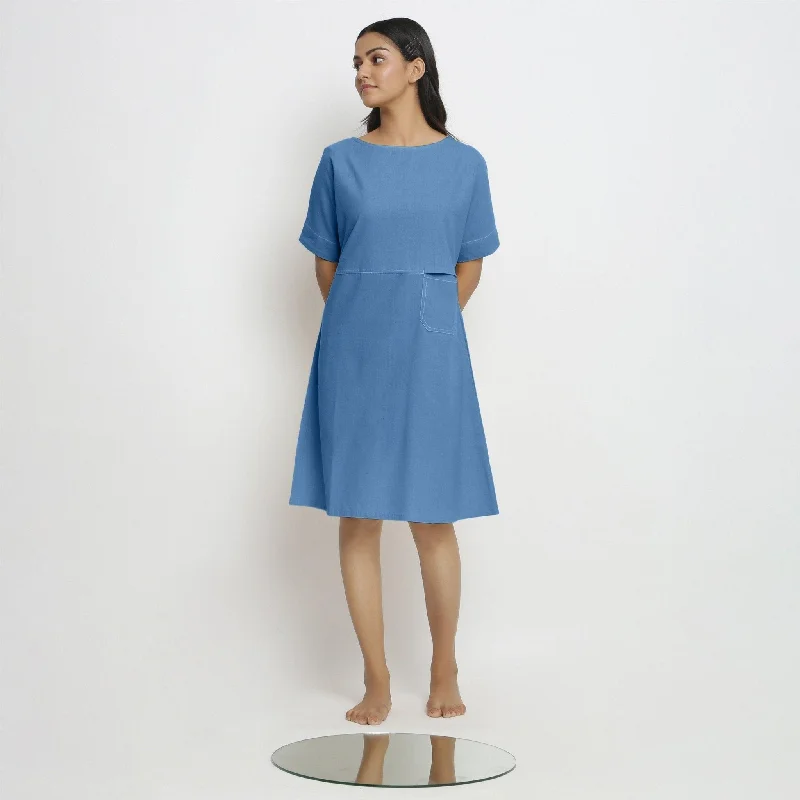 Special Offer Powder Blue Handspun Cotton Knee Length Yoked Dress