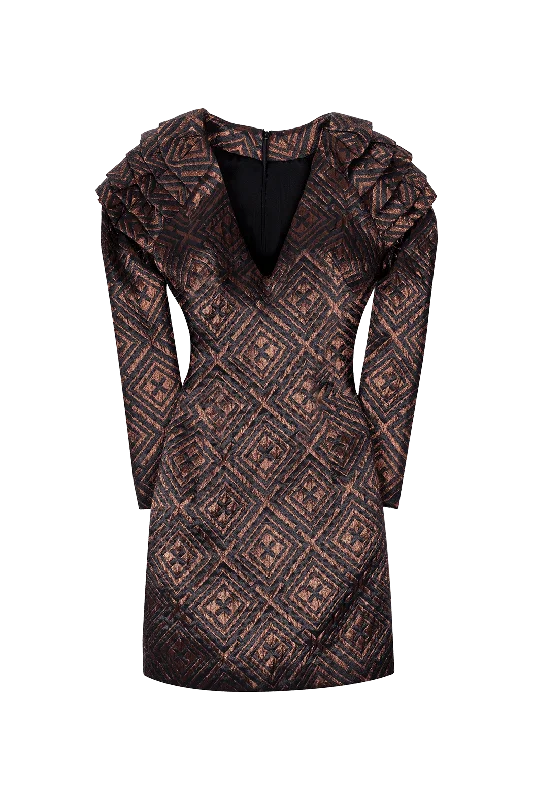 Special Discount Black & Copper Graphic Ruffle Mini Dress