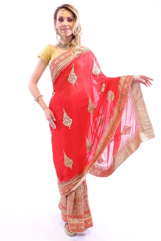 Year-End Sale Stunning Red with Golden Embroidered Pre-Pleated Ready-Made Sari
