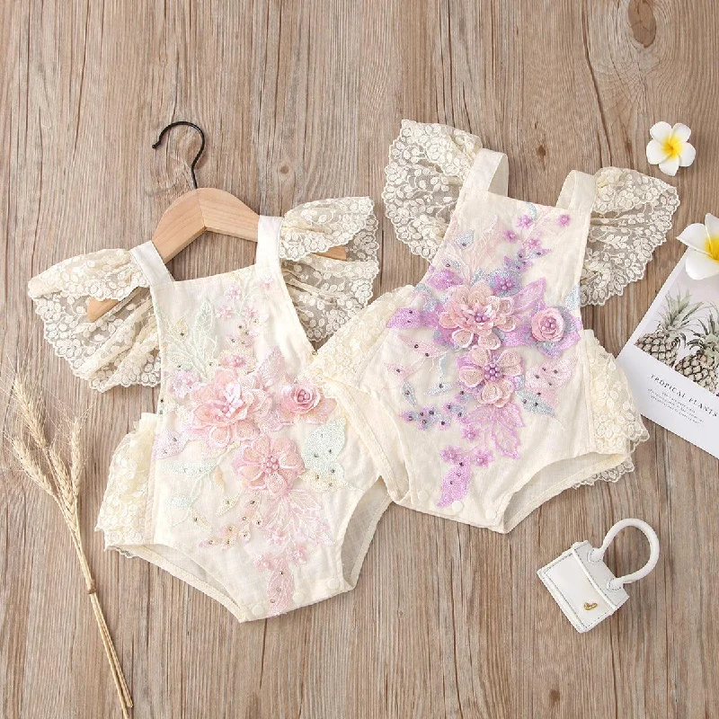 Customer Appreciation Sale Mesh Flying Sleeve Lace Up Embroidery One Piece Suit