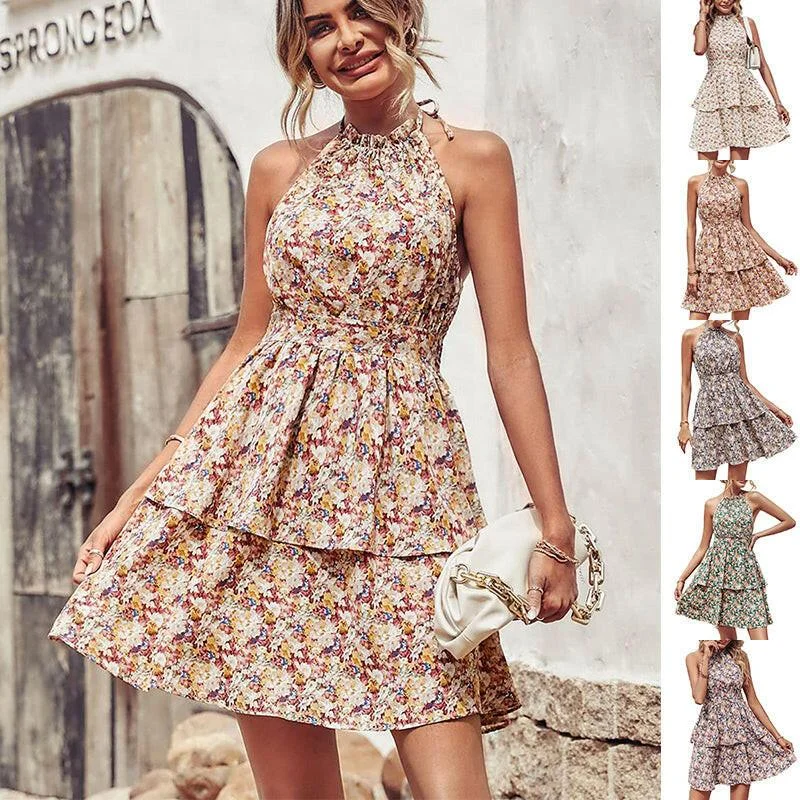Take Advantage Summer Printed Halter Dress Fashion Boho Backless Ruffled A-Line Beach Dresses For Womens Clothing