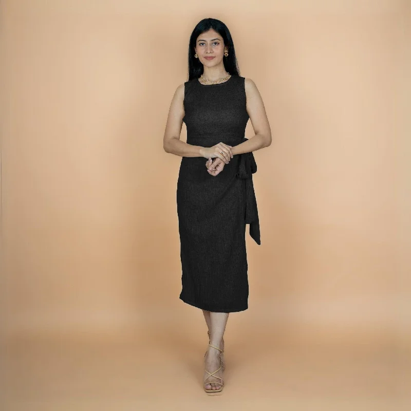 Discount Mania Black Crinkled Cotton Flax Shift Midi Wrap Dress