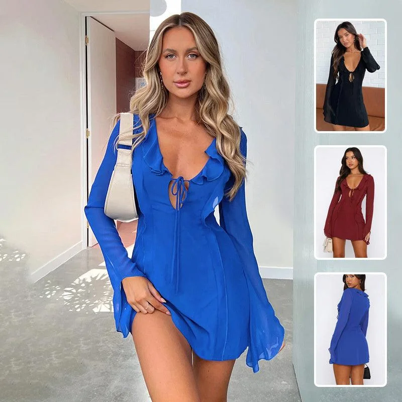 Buy More, Save More Ruffled V-Neck Lace-Up Long-Sleeve Y2K Slim Short Dress for Women Buy More, Save More Ruffled V-Neck Lace-Up Long-Sleeve Y2K Slim Short Dress for Women