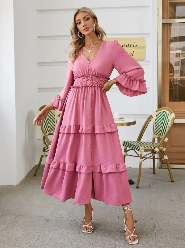 Closeout Women's Summer/Autumn Puff Sleeved V-Neck Dress