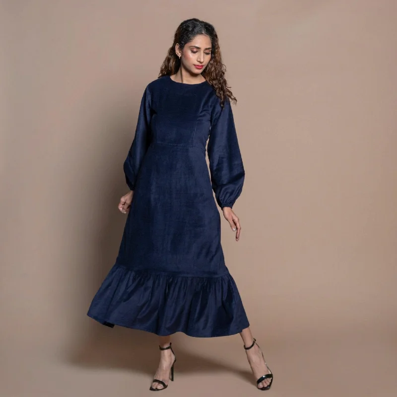 Huge Discounts Navy Blue Cotton Velvet Princess Line Maxi Dress