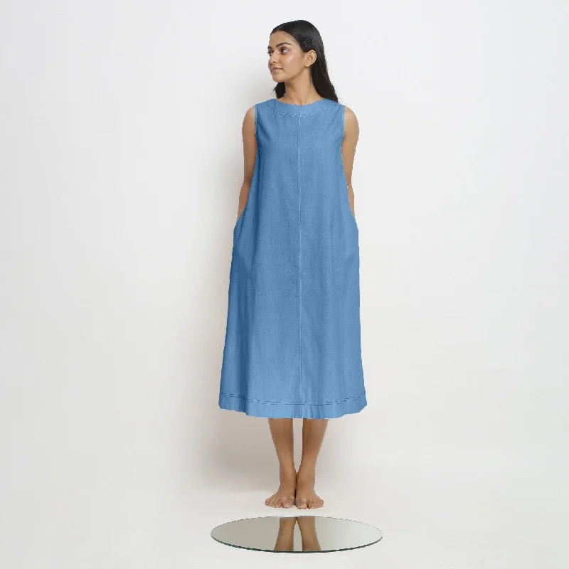 Weekend Deal Powder Blue Handspun Cotton Paneled A-Line Midi Dress