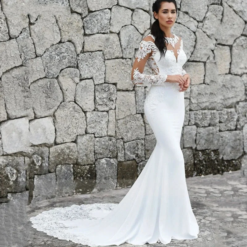 Anniversary Sale Women's Lace Appliqued Wedding Dress With Long Sleeved
