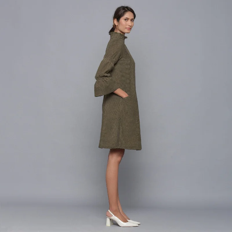 Get It Before It’s Gone Bronze Grey Warm Cotton Corduroy High Neck Short Dress