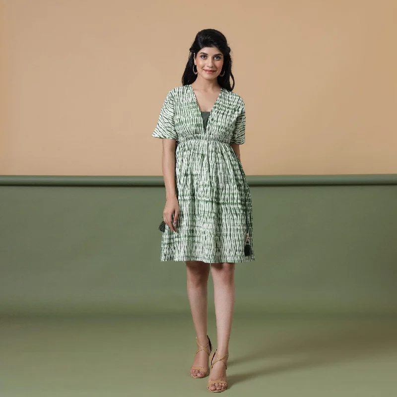 Super Savings Forest Green Shibori Tie-Dye Cotton Knee Length Dress