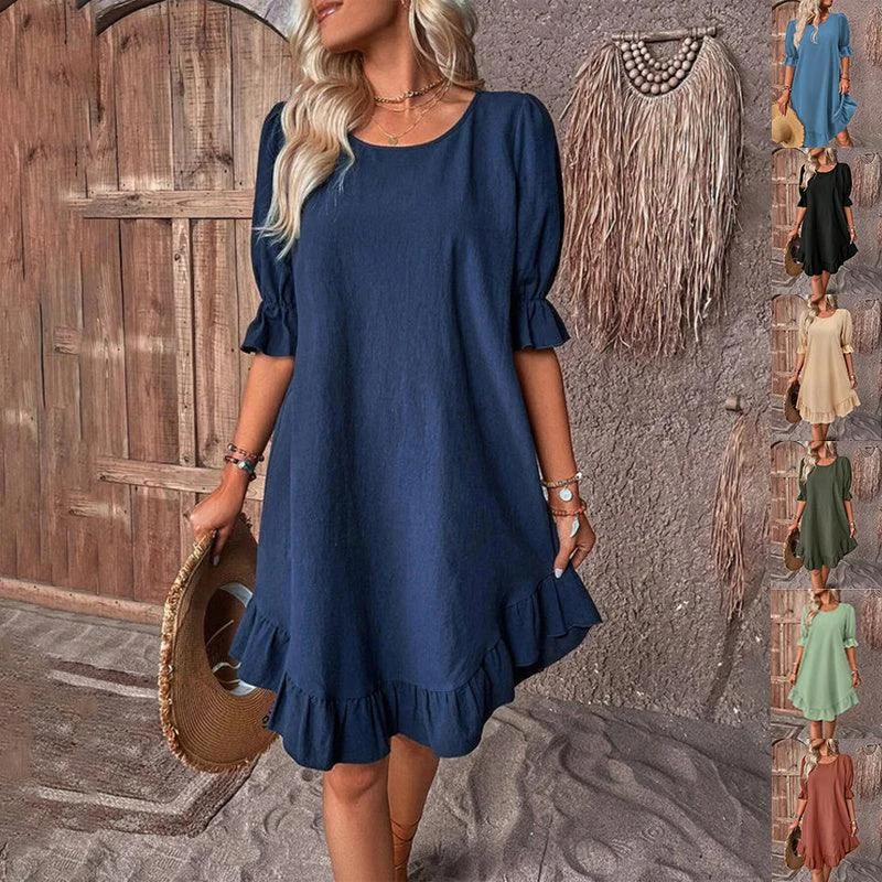 Stock Up and Save Fashion Ruffle Short-sleeved Dress Summer Solid Color Round Neck Loose Straight Dresses Womens Clothing Stock Up and Save Fashion Ruffle Short-sleeved Dress Summer Solid Color Round Neck Loose Straight Dresses Womens Clothing