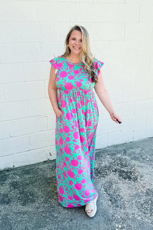 Exclusive Online Offer Girls Like You Floral Babydoll Maxi Dress, Green/Fuchsia