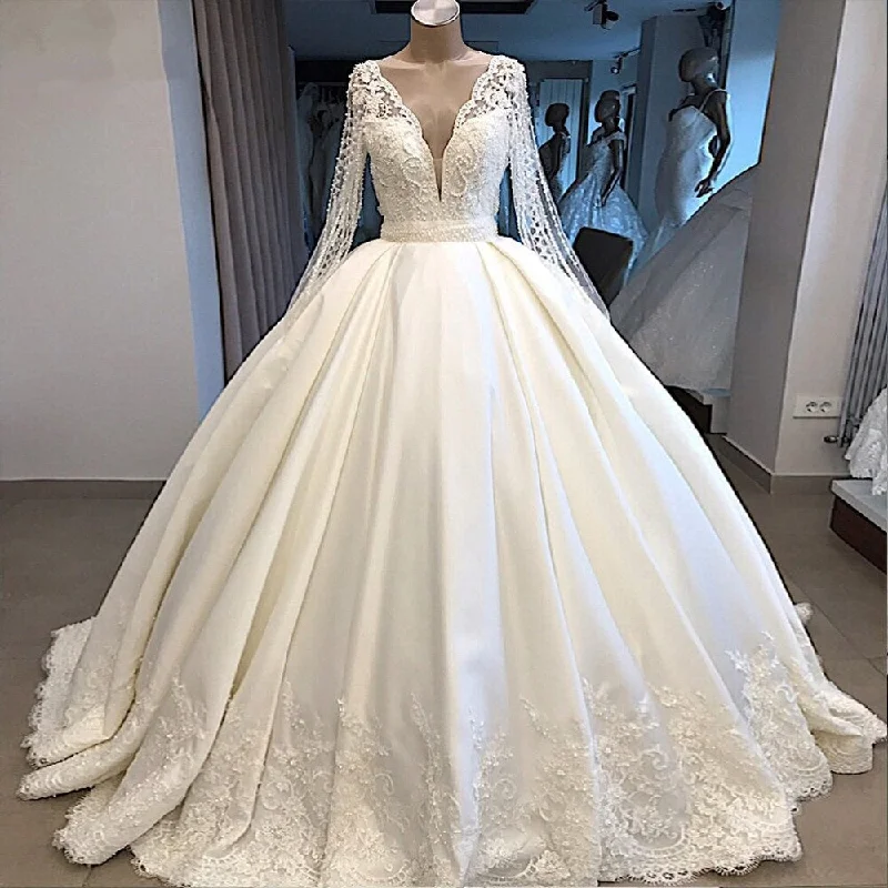 While Supplies Last Women's Puff Long Sleeve Satin Lace Wedding Dress With Pearls