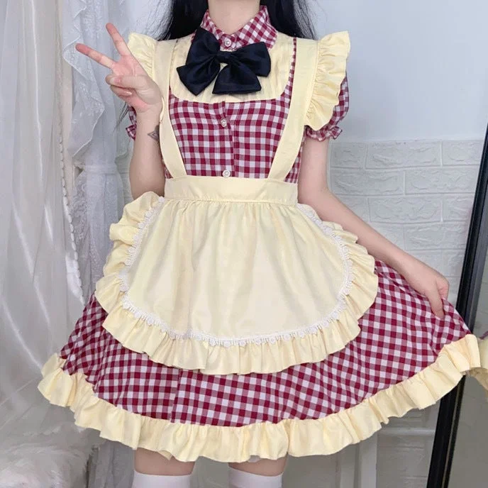 Customer Appreciation Sale Plaid Ruffle Apron Maid Dress