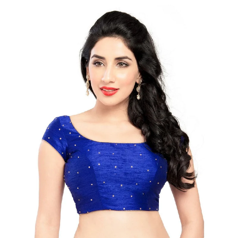 Major Savings Lovely Stone Work Designer Indian Traditional Royal-Blue Round Neck Saree Blouse Choli (CO-202SL-Royal-Blue)