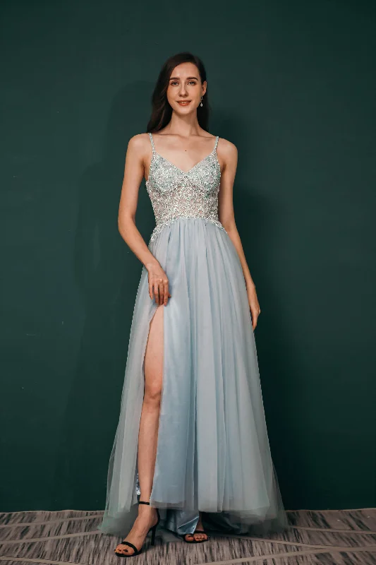 Special Price Spaghetti Straps Beading Front Split Long Sky Blue Corset Prom Dresses outfit