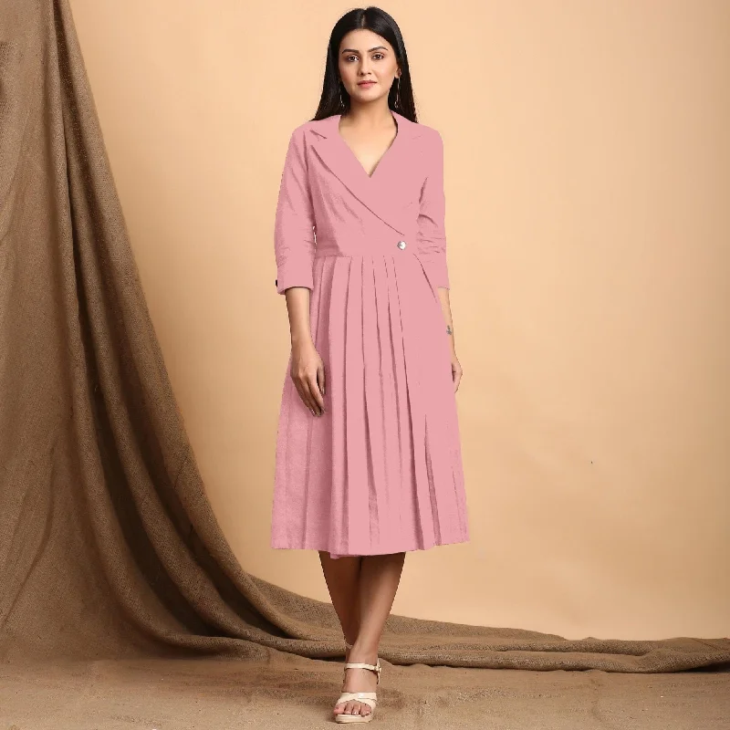 Special Savings Pink Cotton Flax Notched Collar Midi Pleated Wrap Dress