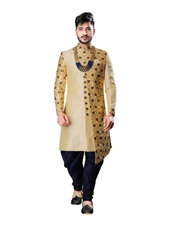 Discount Days Enchanting Navy Blue and Gold Brocade Silk Indian Wedding Sherwani For Men Discount Days Enchanting Navy Blue and Gold Brocade Silk Indian Wedding Sherwani For Men