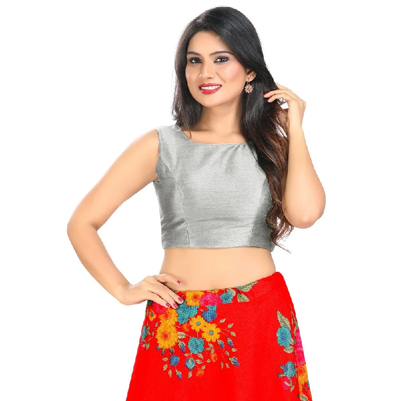Limited Availability Modestly Stunning Grey Designer Indian High-Neck Sleeveless Saree Blouse Choli (VFJ-45-Grey)