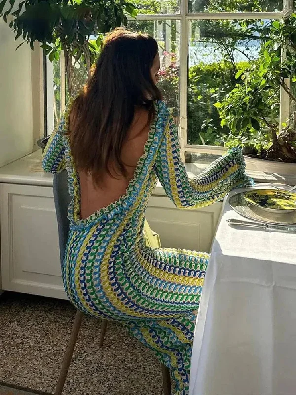 Grand Opening Sale Crochet Knit Maxi Print Dress